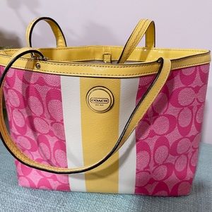 Summery Coach Leather Tote - pink/yellow/white